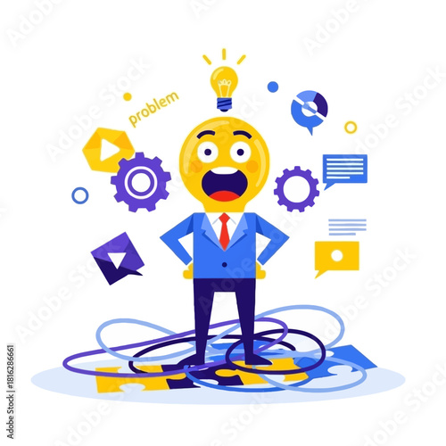 A cartoon illustration of a person with a lightbulb above their head, surrounded by gears and puzzle pieces.