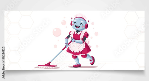 Cute Robot Maid Cleaning with Mop on White Background with Bubbles and Hexagons