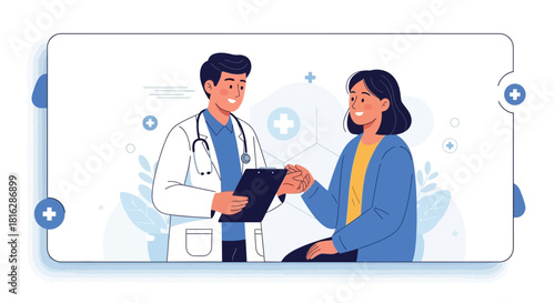 Doctor consults with patient in clinic illustration for medical healthcare promotion and