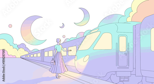 Dreamy train journey: Woman boarding a pastel train under the crescent moon sky