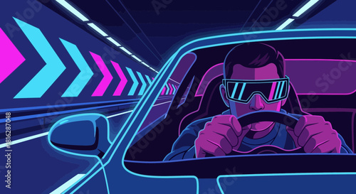 Driver in neon tunnel with futuristic glasses and stylized car animation look
