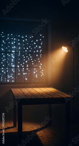 Wooden table under lamp light with window of decorative lights in background