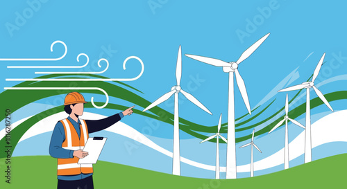An engineer overseeing wind turbine operations for renewable energy production and environmental