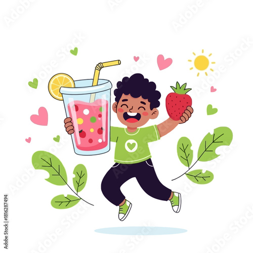 A happy cartoon boy jumps with a glass of strawberry juice and a fresh strawberry.