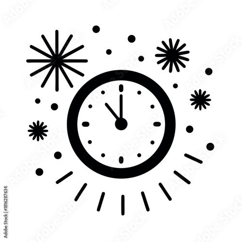 Midnight clock striking with bright fireworks and confetti marking a festive moment Vector illustration