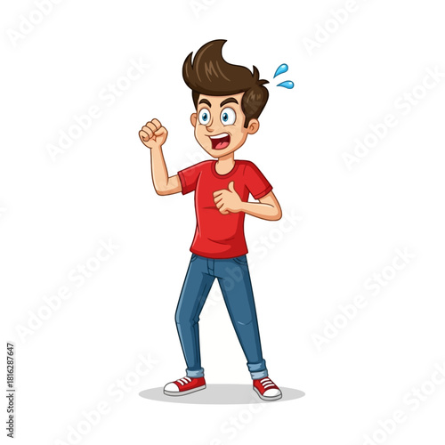 Cartoon illustration of an excited young boy with clenched fists and sweat drops.