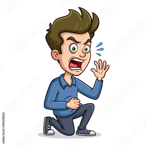 Cartoon man kneeling and yelling with an angry expression on his face.