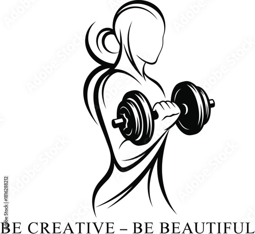 Woman doing biceps curl with dumbbell for strength training and fitness at the gym for health