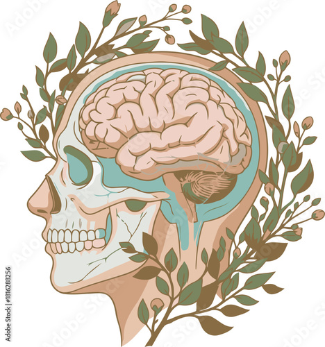 Conceptual artwork showcasing the beauty and complexity of the human brain surrounded by nature