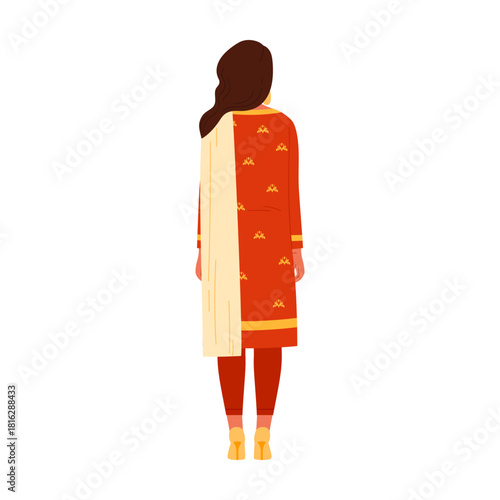 Back view of Indian woman in red ethnic outfit on white isolated background vector illustration