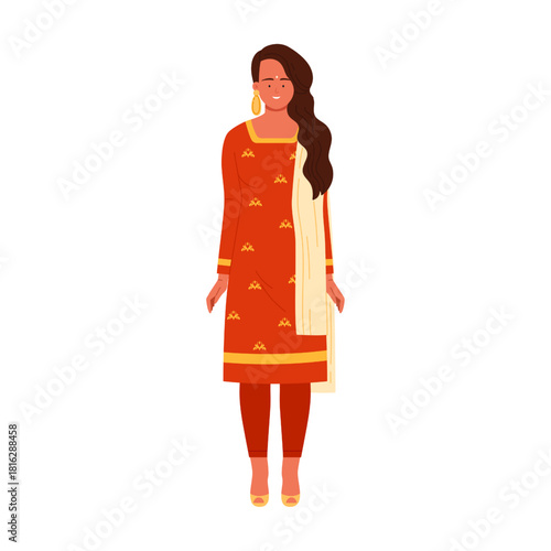 Isolated Indian woman wearing red ethnic salwar kameez with dupatta and jewelry vector illustration