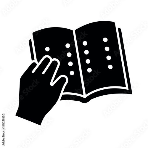Hand touching braille dots on book symbolizing reading accessibility and inclusion Vector illustration