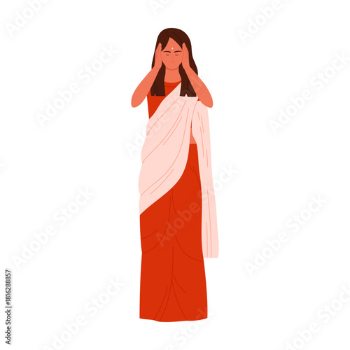 Isolated Indian woman in traditional sari holding head, expressing stress or headache vector illustration