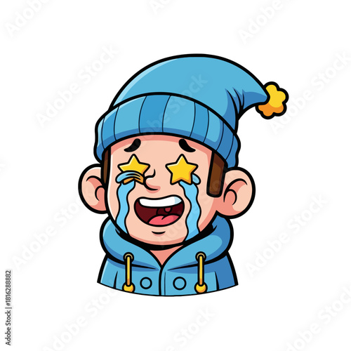 Cartoon boy with star eyes wearing a blue beanie and crying tears of joy.