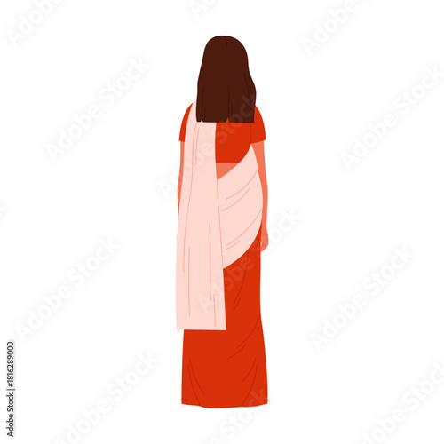 Back view of an isolated Indian woman wearing a red saree on a white background vector illustration