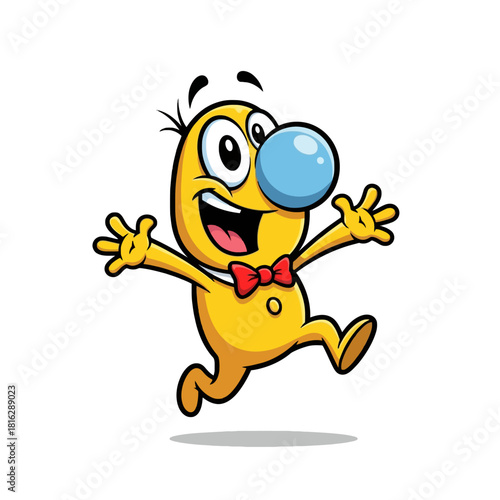 A joyful yellow cartoon character with a big blue nose and a red bowtie jumping happily.