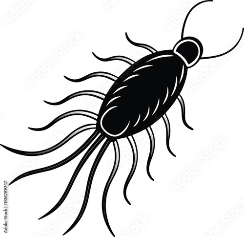 Rod-Shaped Bacterium with Flagella – Black and White Microbiology Icon of Motile Microbe