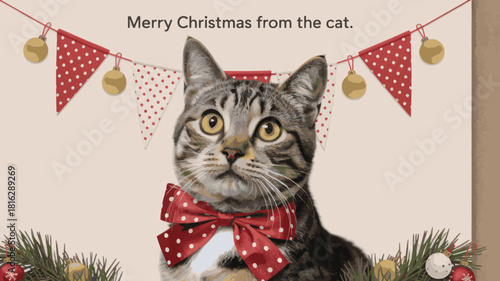 Adorable tabby cat in a festive red polka dot bow tie ready for the christmas holiday season. Vector