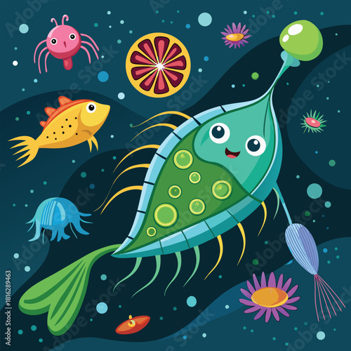 Playful Underwater Creatures and Microorganisms – Cartoon Marine Life Scene on Dark Blue Background”