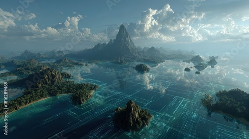 Vast 3D simulated world generated by an advanced AI system with detailed landscapes and dynamic lighting Floating data grids and holographic overlays shape mountains,