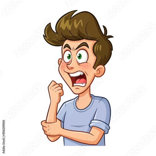 A cartoon illustration of an angry young man with brown hair shouting and clenching his fist in frustration.