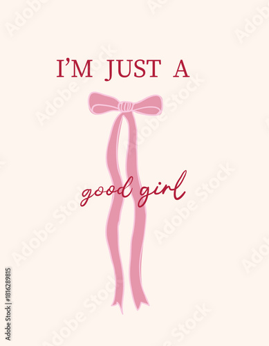 Hand drawn vintage ribbon pink bow tie drawing illustration. print with college varsity typography, girly cute slogan, for graphic tee t shirt, poster, sticker, vector