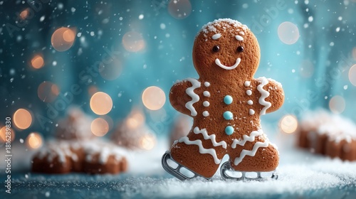 gingerbread man ice skating against winter background
