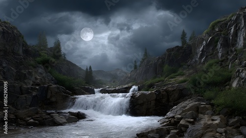 Dramatic moonlit waterfall cascading over rugged rocks under stormy skies
