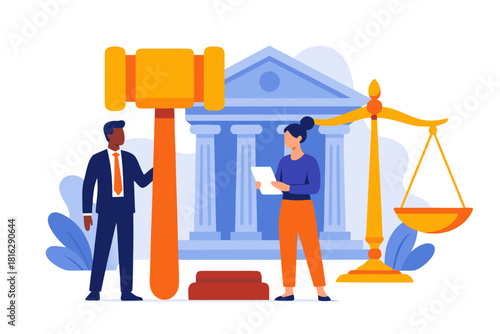 Justice for all, courtroom scene showing legal proceedings with judge and lawyer, scales representing balance and fairness, law theme