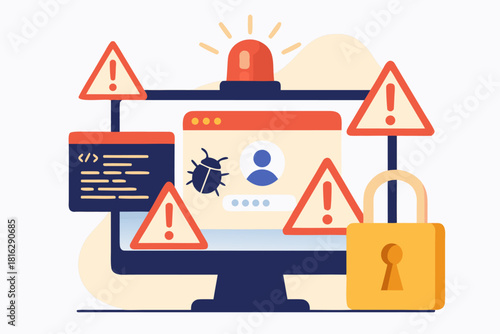 Cybersecurity alert illustration showing network threat, data breach, and system vulnerability, emphasizing digital protection and security risks
