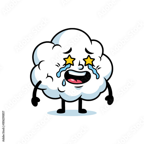 Cartoon cloud character with star eyes crying tears, showing sadness and distress.