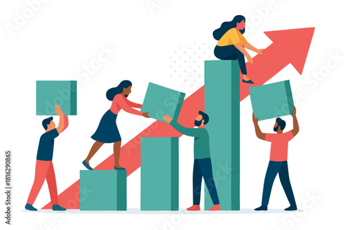 Teamwork drives business growth as diverse professionals build upward bar chart with arrow, symbolizing financial success and collaboration