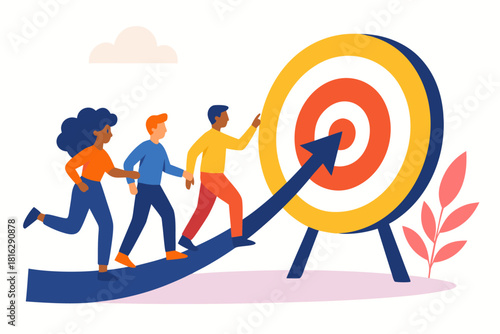 Teamwork and ambition with diverse people achieving targets, hitting goals, business success, strategy, and focused direction