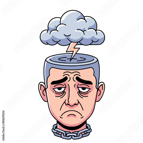 Illustration of a man with a storm cloud and lightning in his head, symbolizing depression, stress, and mental turmoil.