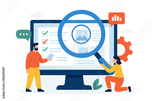 Team analyzing website data for enhanced user experience, collaborative web design for modern business, search optimization