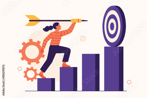 Driven businesswoman reaching the top to hit goals, demonstrating ambition and targeting success with strategic arrow aim
