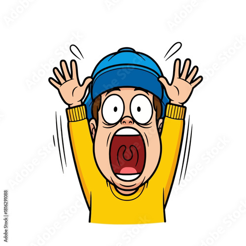 Cartoon illustration of a terrified young boy in a blue cap screaming in absolute shock and fear.