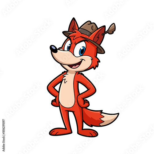 A confident cartoon red fox wearing a brown fedora hat stands with hands on hips, smiling.