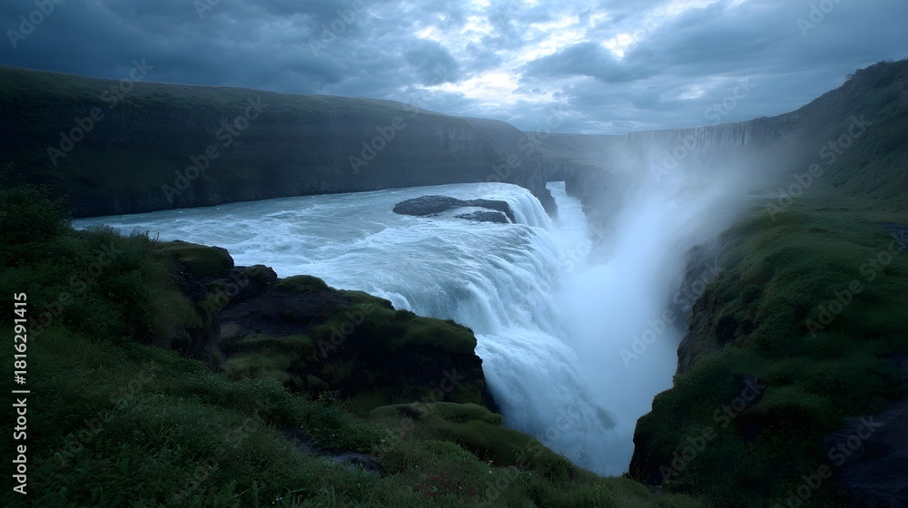 Fototapeta premium A powerful multi tiered waterfall plunges into a mist filled canyon under a dramatic stormy twilight sky
