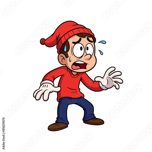 Cartoon illustration of a scared young man sweating and looking worried with wide eyes.