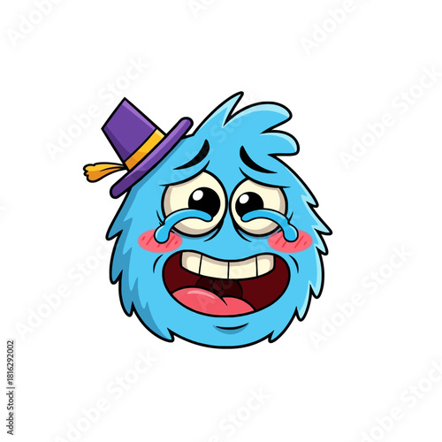 A blue furry monster with a purple hat crying with joy, expressing overwhelming happiness and delight.