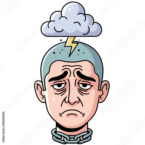 Man with a sad face, dark cloud, lightning, and chain around neck symbolizing mental distress.