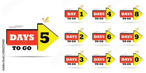 Countdown of days 1,2,3,4,5,6,7,8,9,10. The days left badges. A countdown is going on, one day I left a badge and a label to calculate the date of work. Offer timer, sticker limited to a few days.