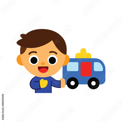 Boy holding a toy bus illustration