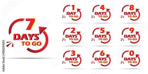 Countdown of days 1,2,3,4,5,6,7,8,9,10. The days left badges. A countdown is going on, one day I left a badge and a label to calculate the date of work. Offer timer, sticker limited to a few days.