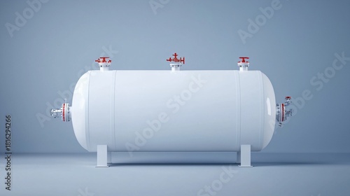 Minimal-design hydrogen storage vessel with large visible H₂ labeling and high-grade pressure control system.