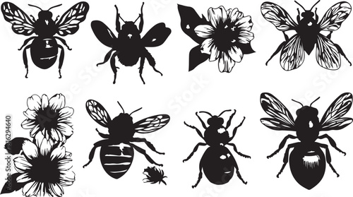 Black vector silhouettes of a set of insects, including spiders, ants, flies, bees, butterflies, mosquitoes, and beetles, forming a nature pattern design