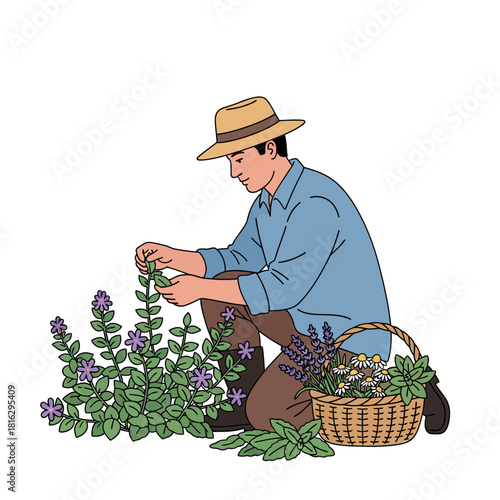 Man harvesting herbs in a garden.