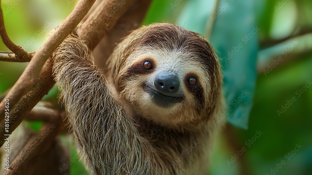 Obraz premium Adorable smiling brown three-toed sloth hanging from a tree branch in a lush green jungle.