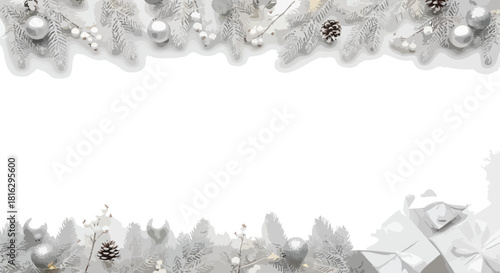 A Christmas border design featuring a festive arrangement of silver and white ornaments, pinecones, and snow-covered trees on a white background with a shallow depth of field, conveying a